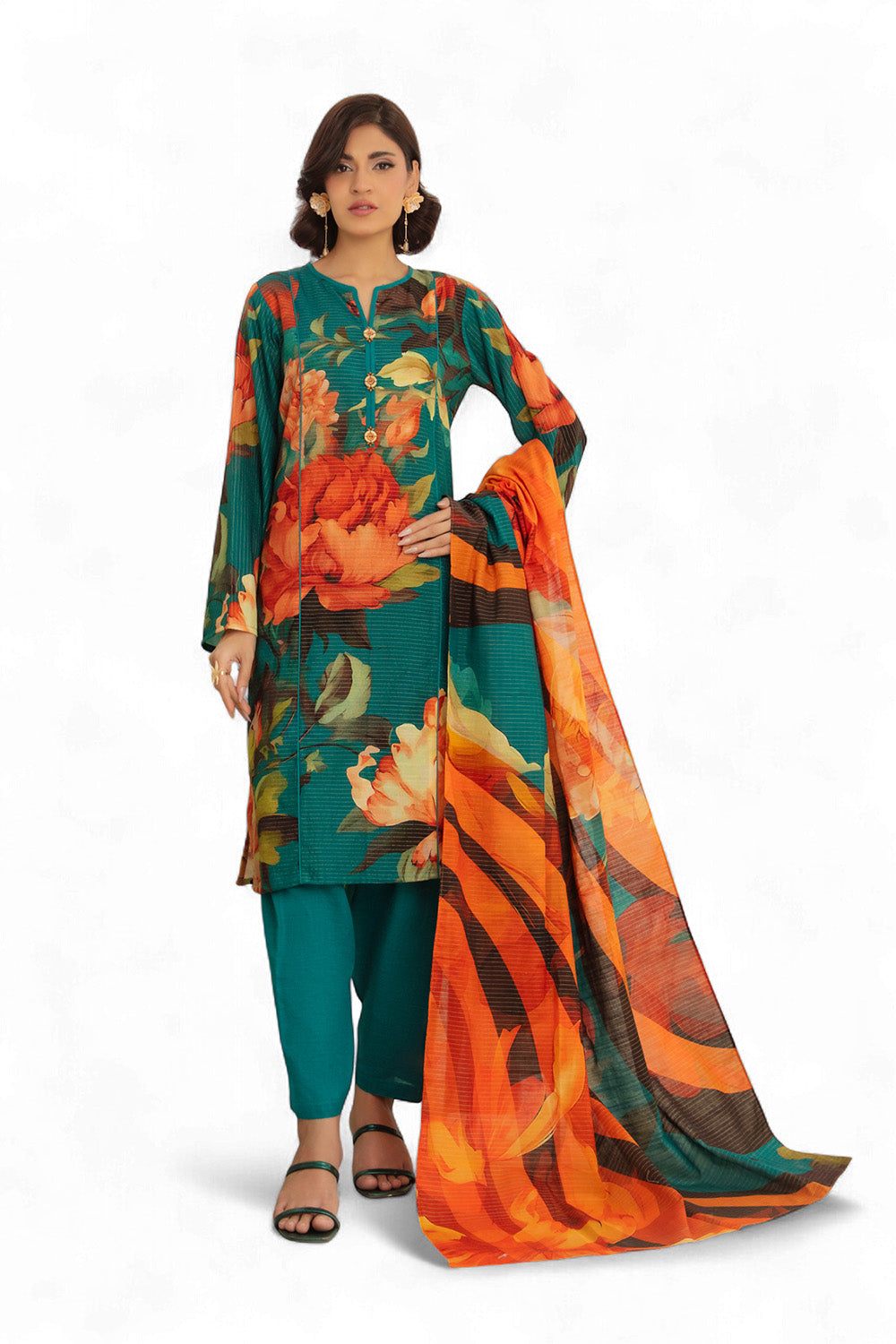 3 Piece Printed Stripe Khaddar Suit with Dupatta