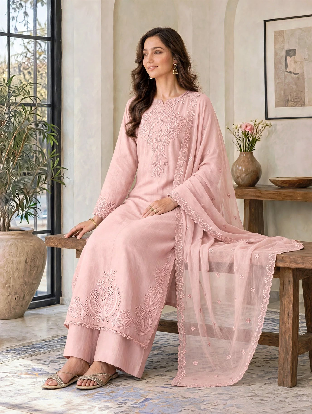 T-PINK LURELLE-Viscose Embroidered 3-Piece Suit for women