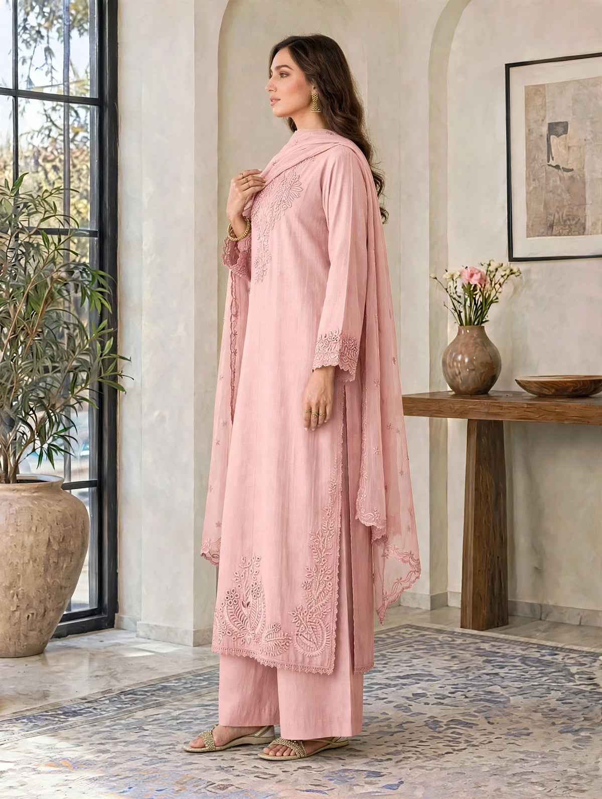T-PINK LURELLE-Viscose Embroidered 3-Piece Suit for women