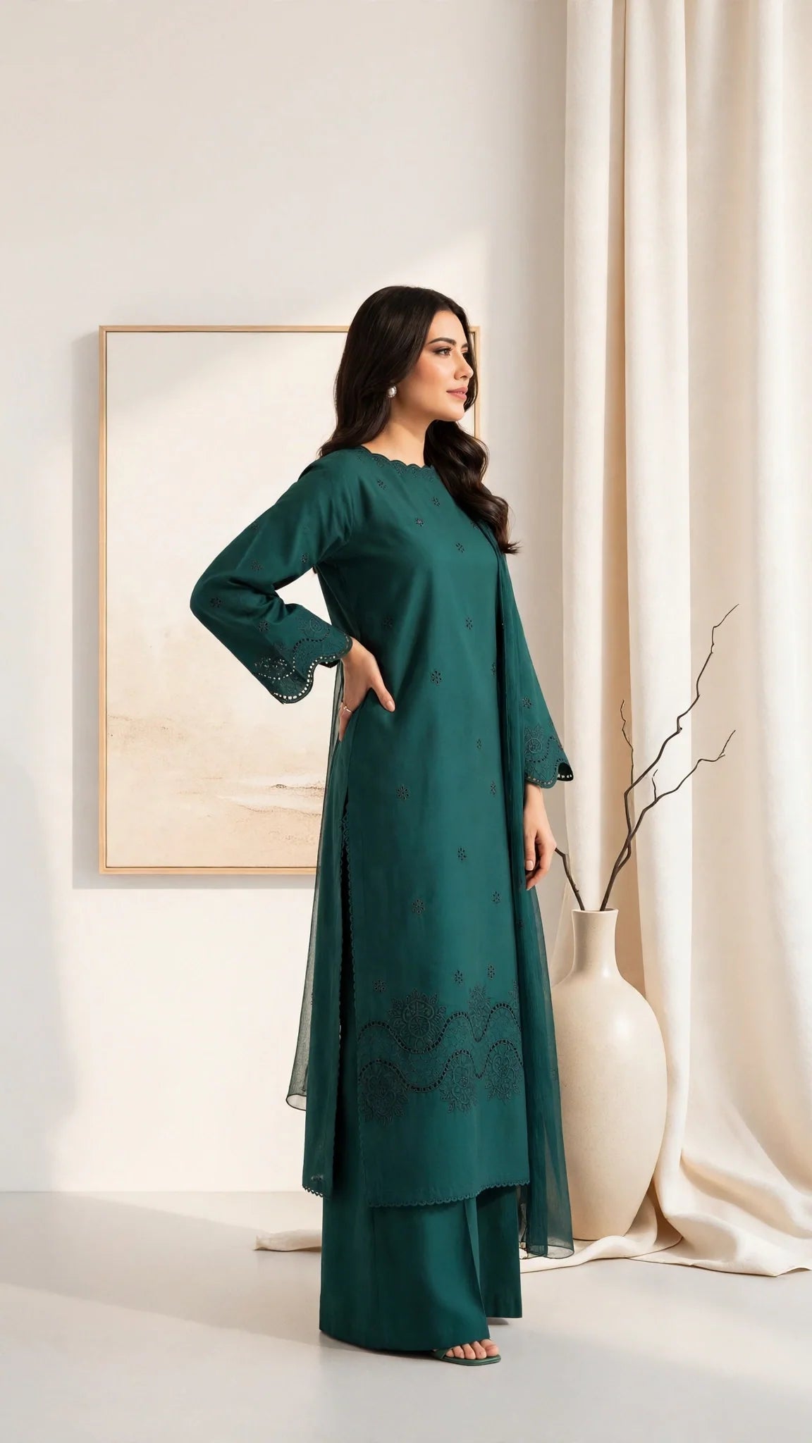 Teal Green Boring Embroidered Lawn Dress | 3 Piece Stitched