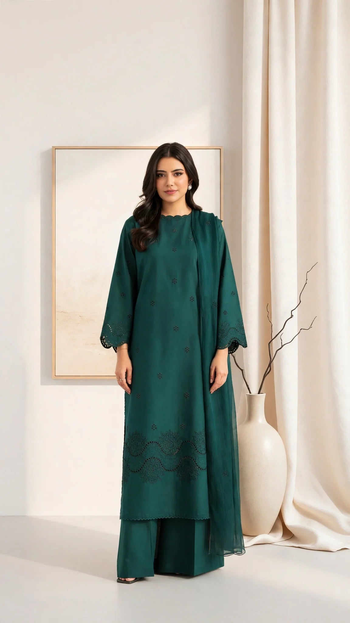 Teal Green Boring Embroidered Lawn Dress | 3 Piece Stitched