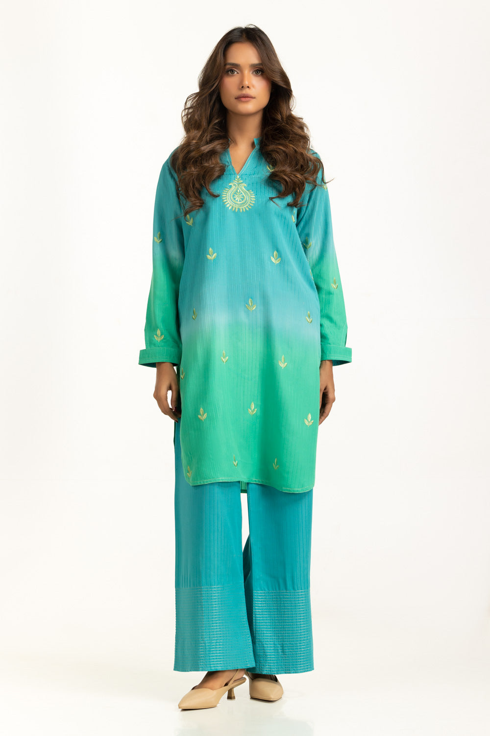 Textured Dobby Printed With Embroidered Co-Ord Set