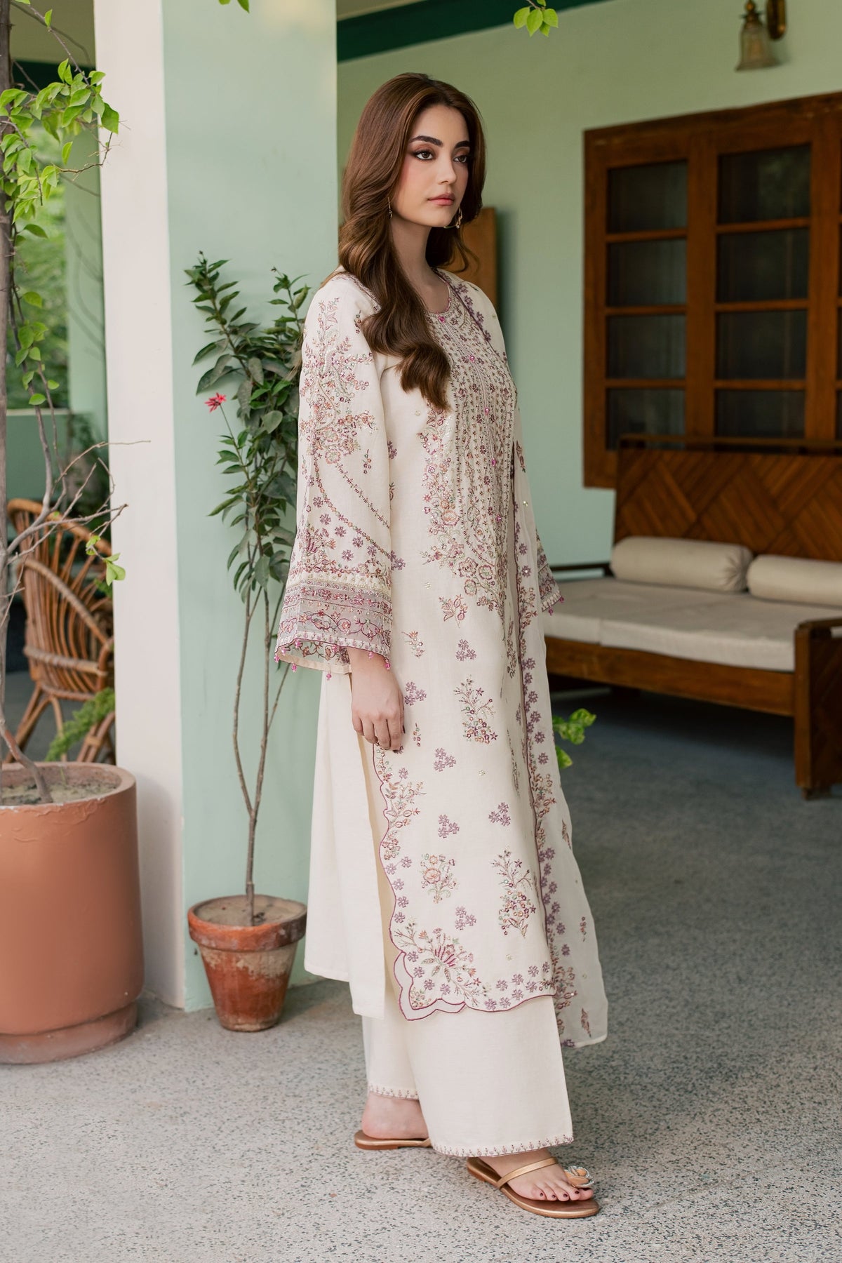 Toska White 3Pc - Embroidered Khaddar Pret