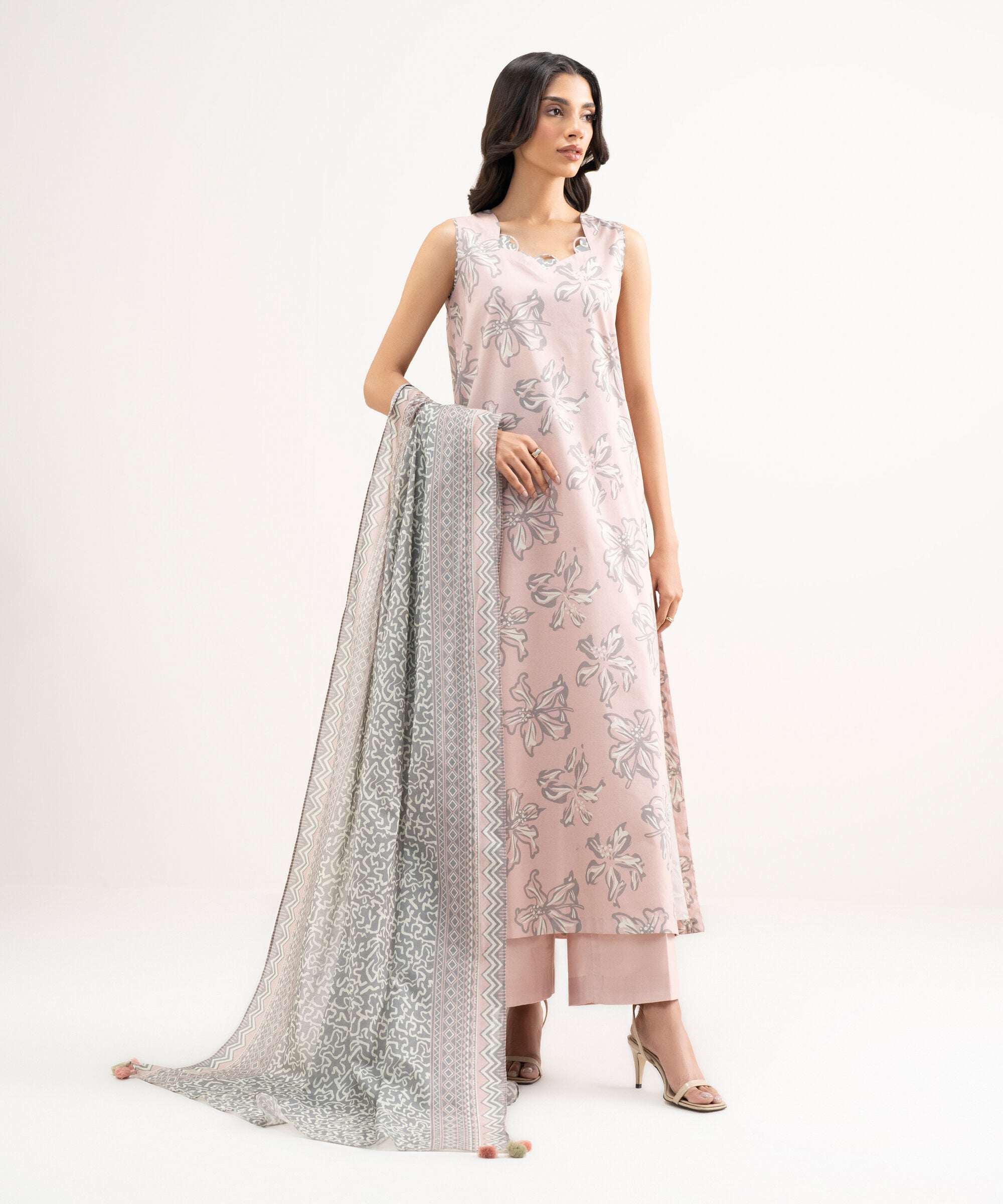 Women's Unstitched Lawn Printed Pink 3 Piece Suit