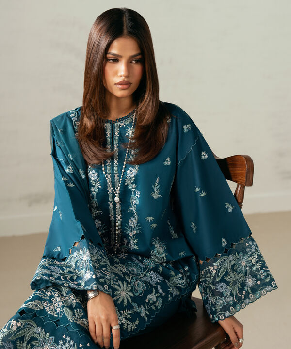 3 Piece - Embroidered Cotton Satin Suit