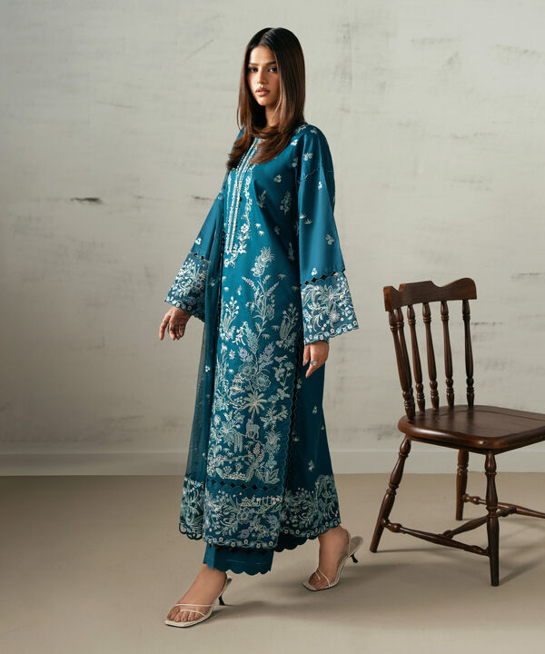 3 Piece - Embroidered Cotton Satin Suit