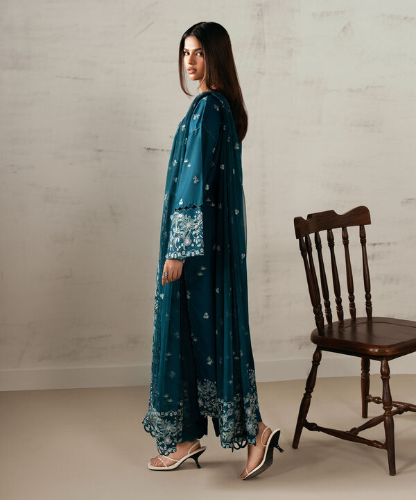 3 Piece - Embroidered Cotton Satin Suit