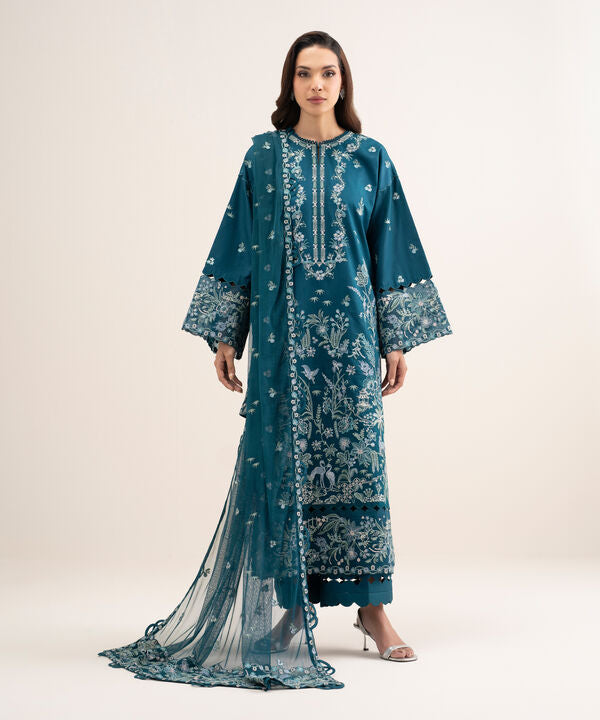 3 Piece - Embroidered Cotton Satin Suit