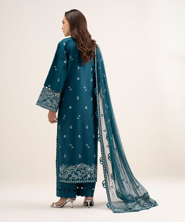 3 Piece - Embroidered Cotton Satin Suit