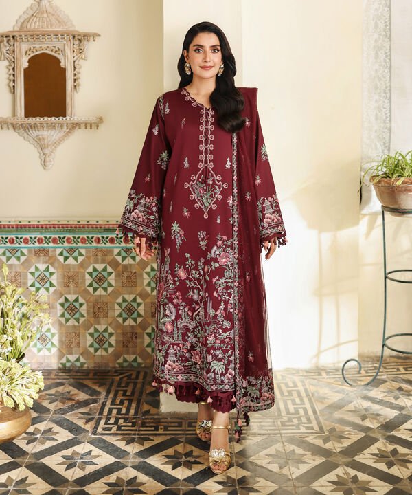 3 Piece - Embroidered Cotton Satin Suit