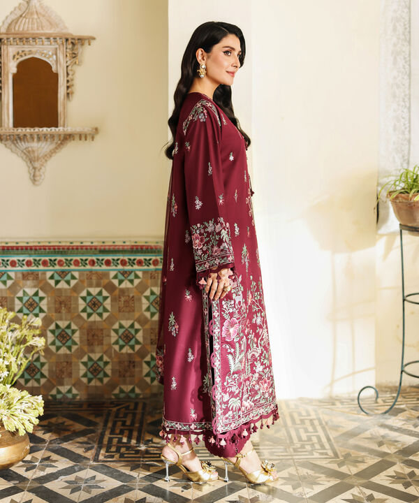 3 Piece - Embroidered Cotton Satin Suit