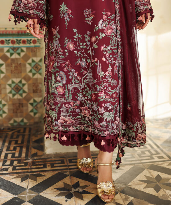 3 Piece - Embroidered Cotton Satin Suit
