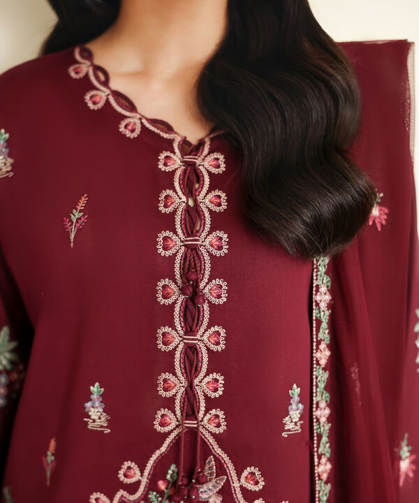 3 Piece - Embroidered Cotton Satin Suit