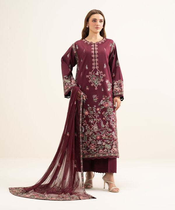 3 Piece - Embroidered Cotton Satin Suit