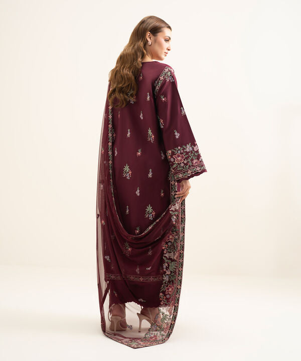 3 Piece - Embroidered Cotton Satin Suit