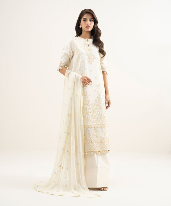 3 Piece - Embroidered Raw Silk Suit