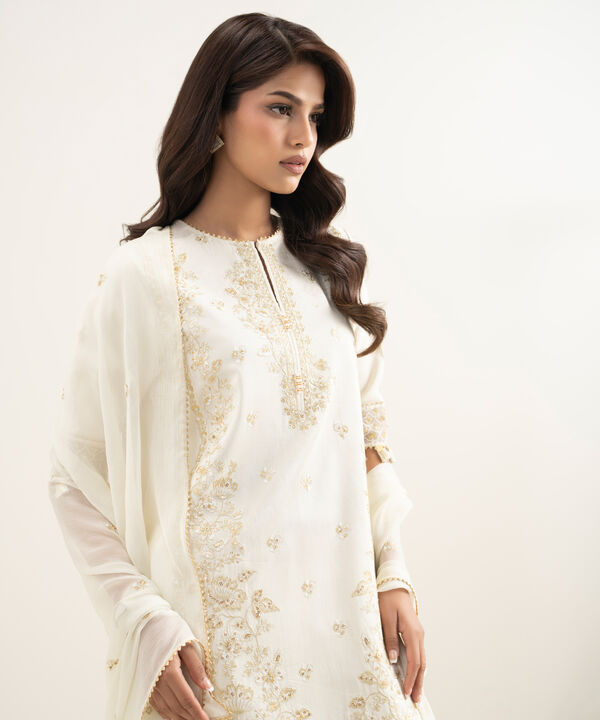 3 Piece - Embroidered Raw Silk Suit