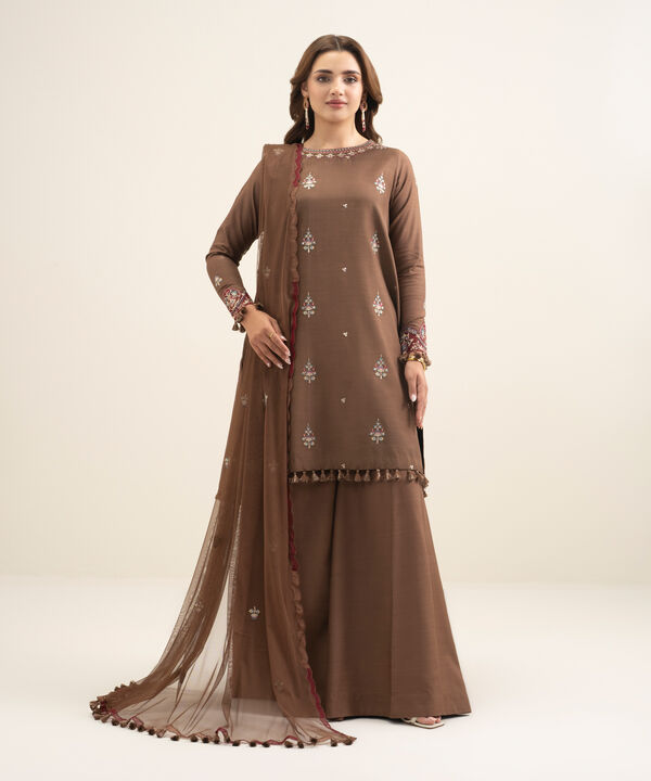 3 Piece - Embroidered Raw Silk Suit