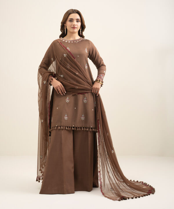 3 Piece - Embroidered Raw Silk Suit