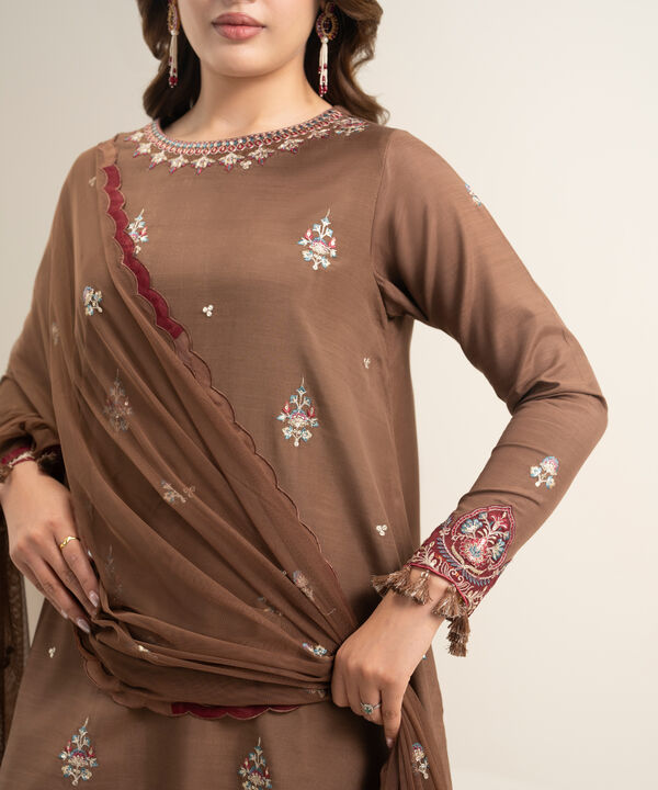 3 Piece - Embroidered Raw Silk Suit