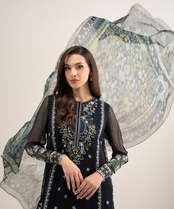 3 Piece - Embroidered Chiffon Suit
