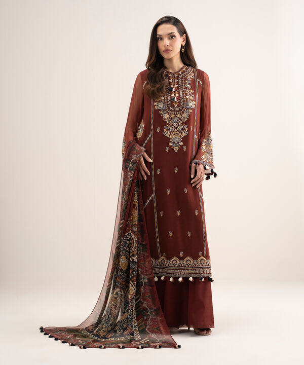 3 Piece - Embroidered Chiffon Suit