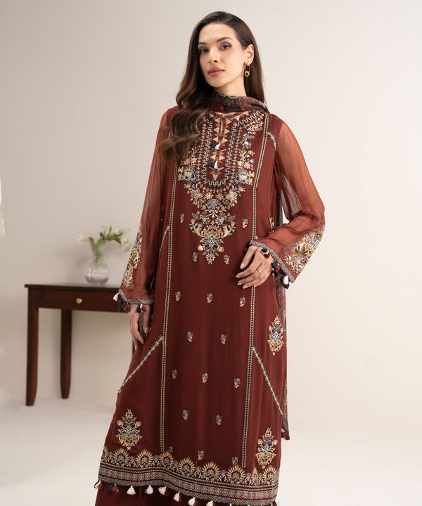 3 Piece - Embroidered Chiffon Suit