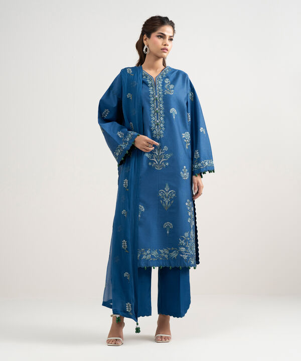 3 Piece - Embroidered Cotton Net Suit