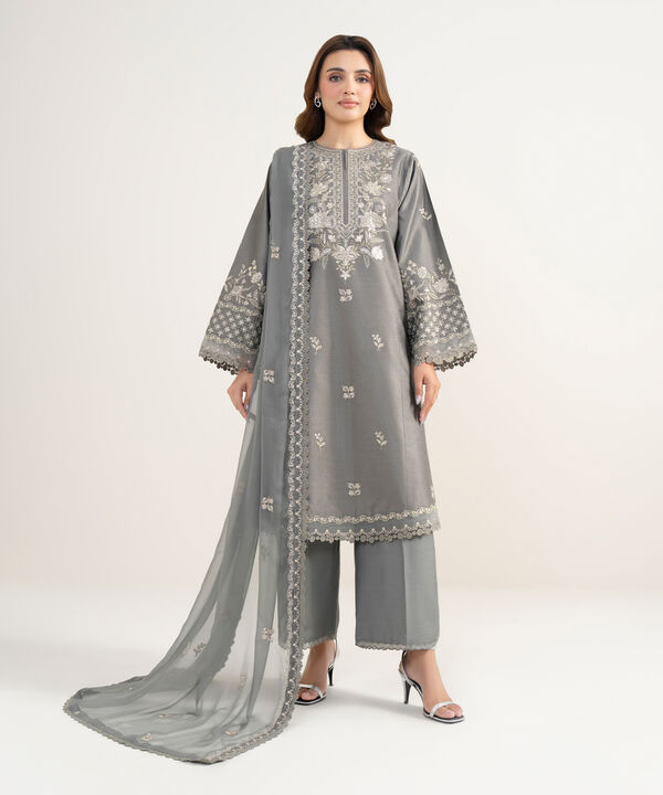 3 Piece - Embroidered Cotton Net Suit