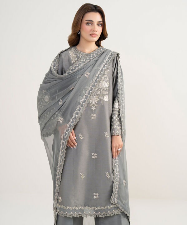 3 Piece - Embroidered Cotton Net Suit