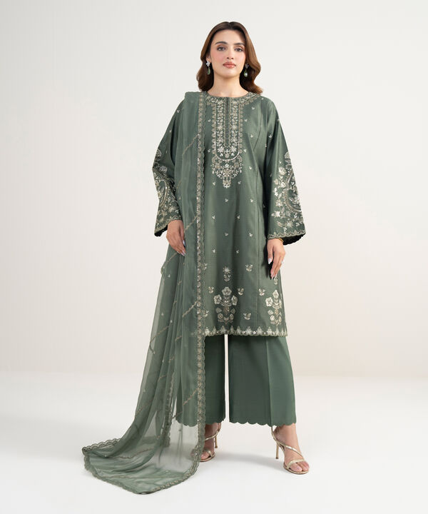 3 Piece - Embroidered Cotton Net Suit