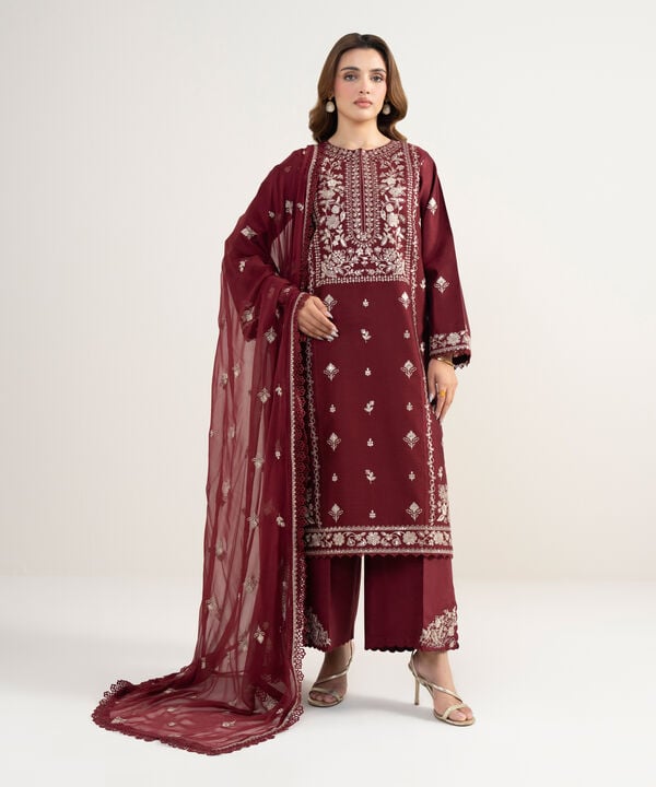 3 Piece - Embroidered Cotton Net Suit