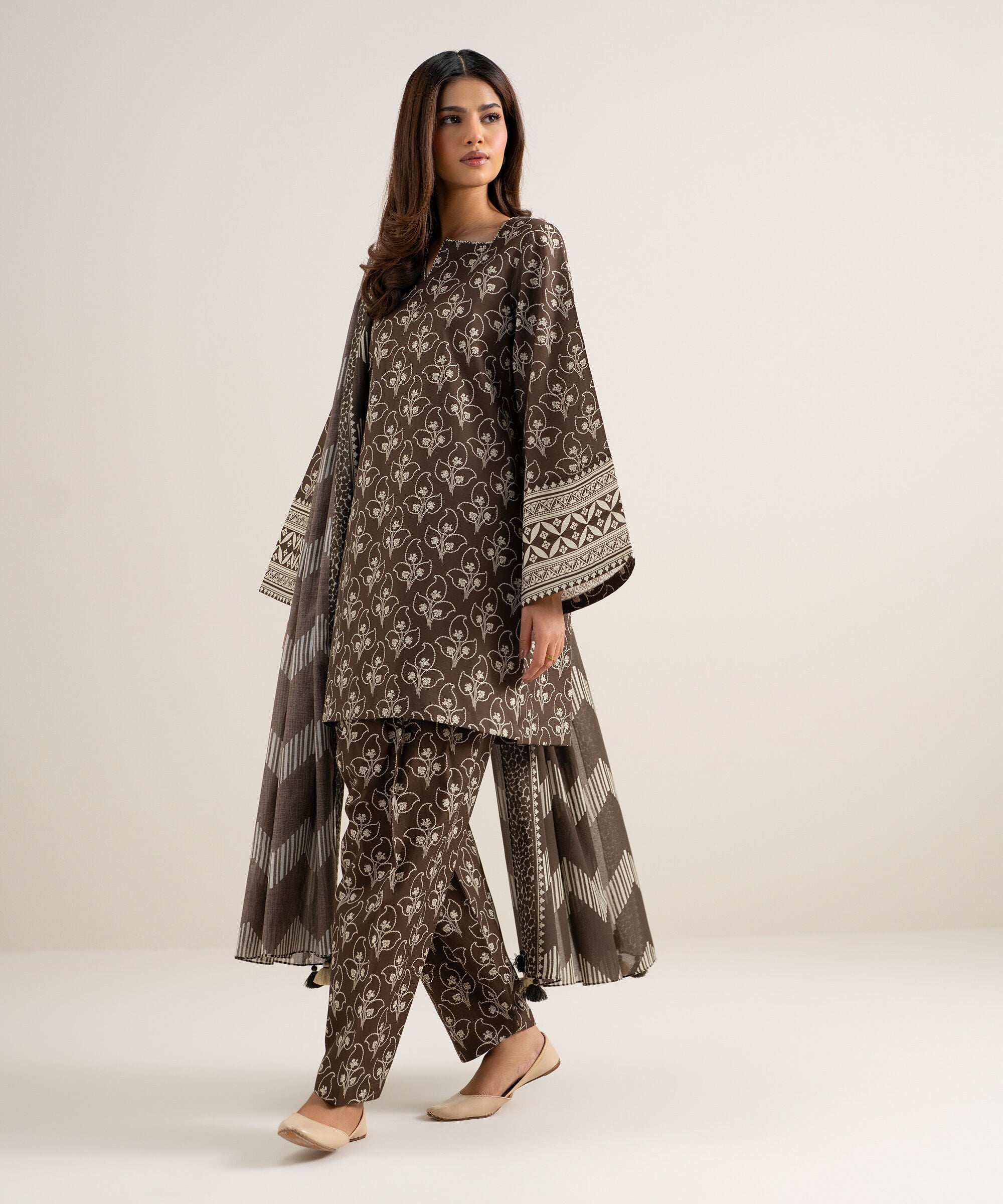 Women's Unstitched Lawn Printed Brown 3 Piece Suit
