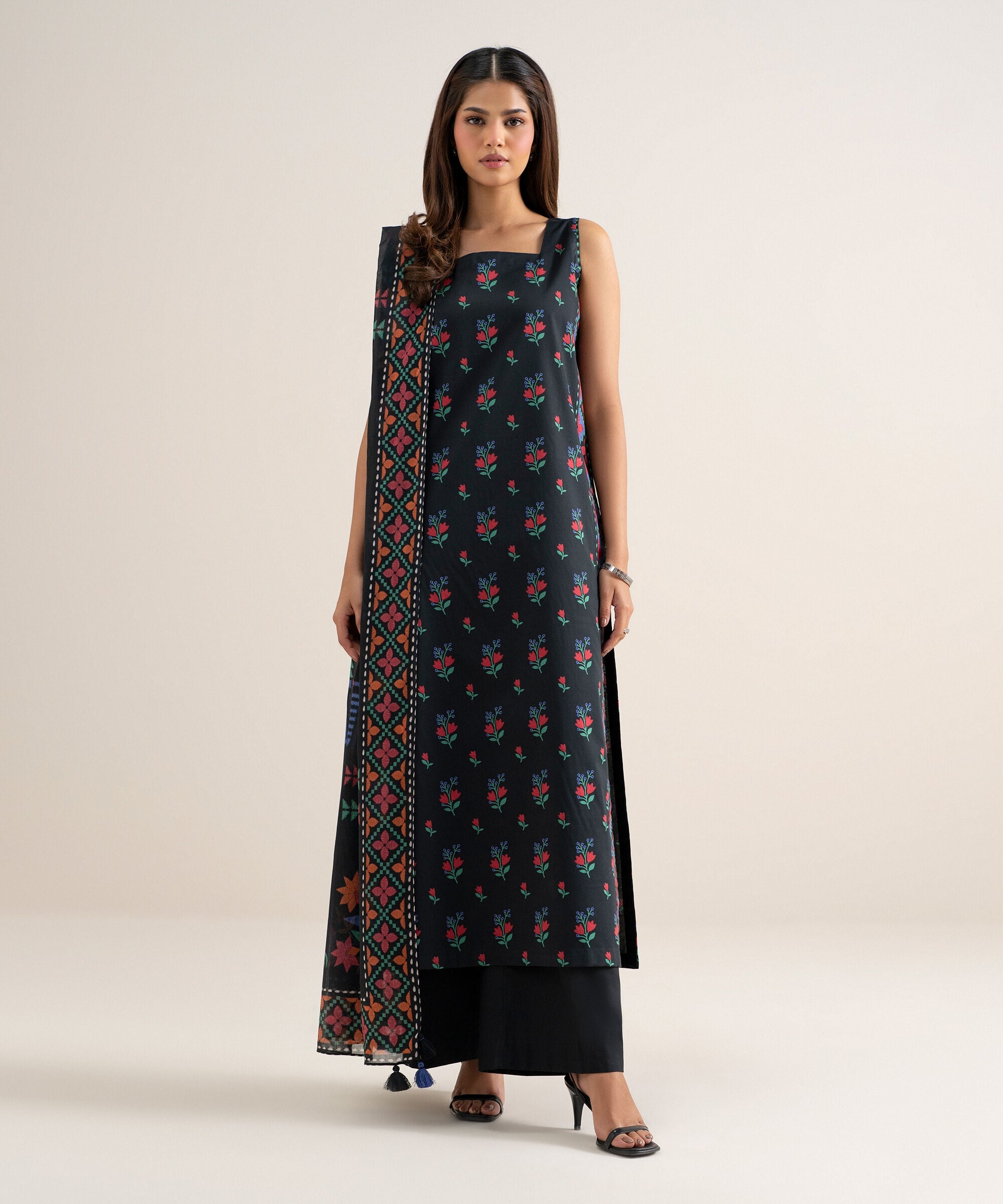 Women's Unstitched Lawn Printed Black 3 Piece Suit