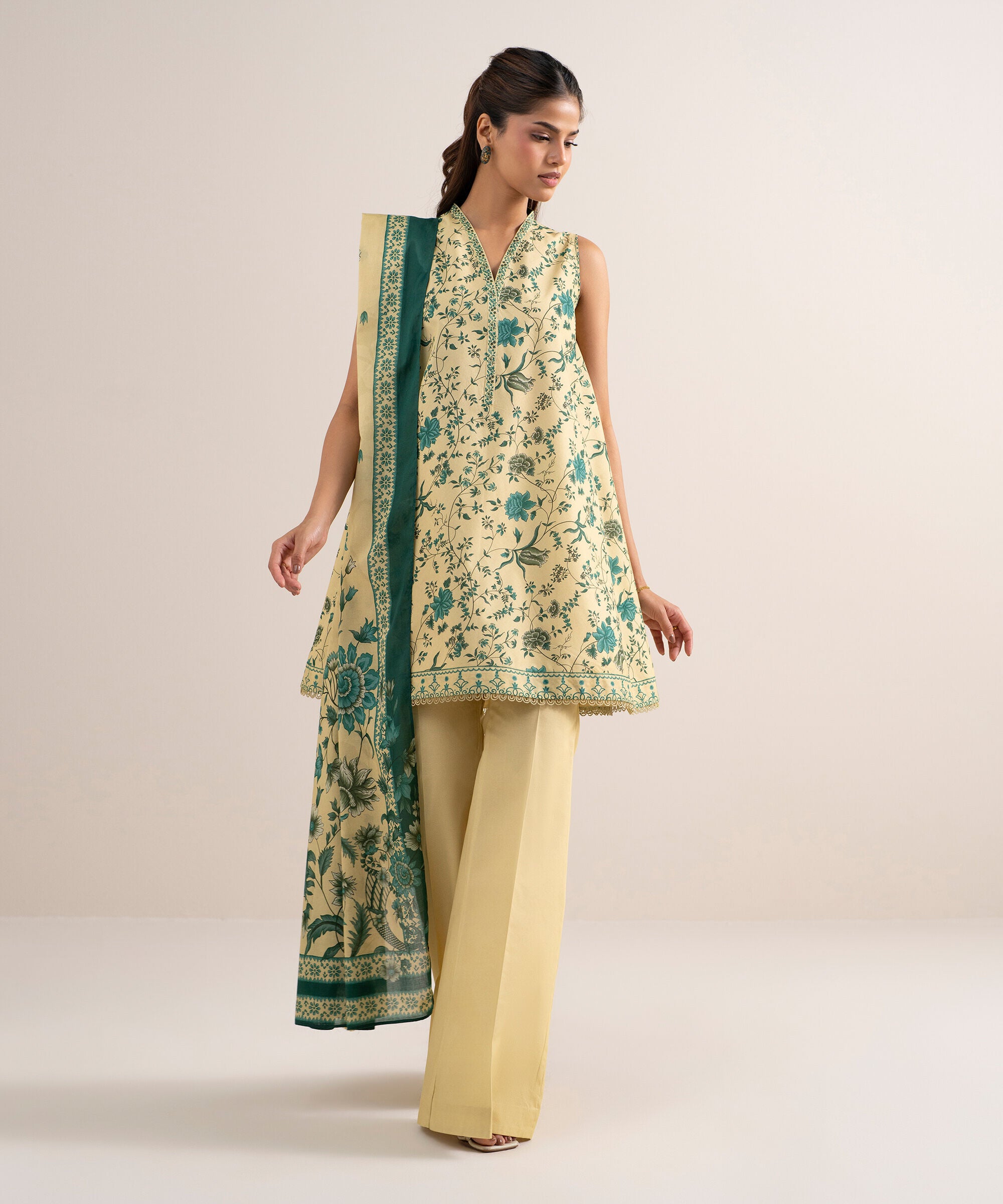 Women's Unstitched Lawn Printed Butter Yellow 3 Piece Suit