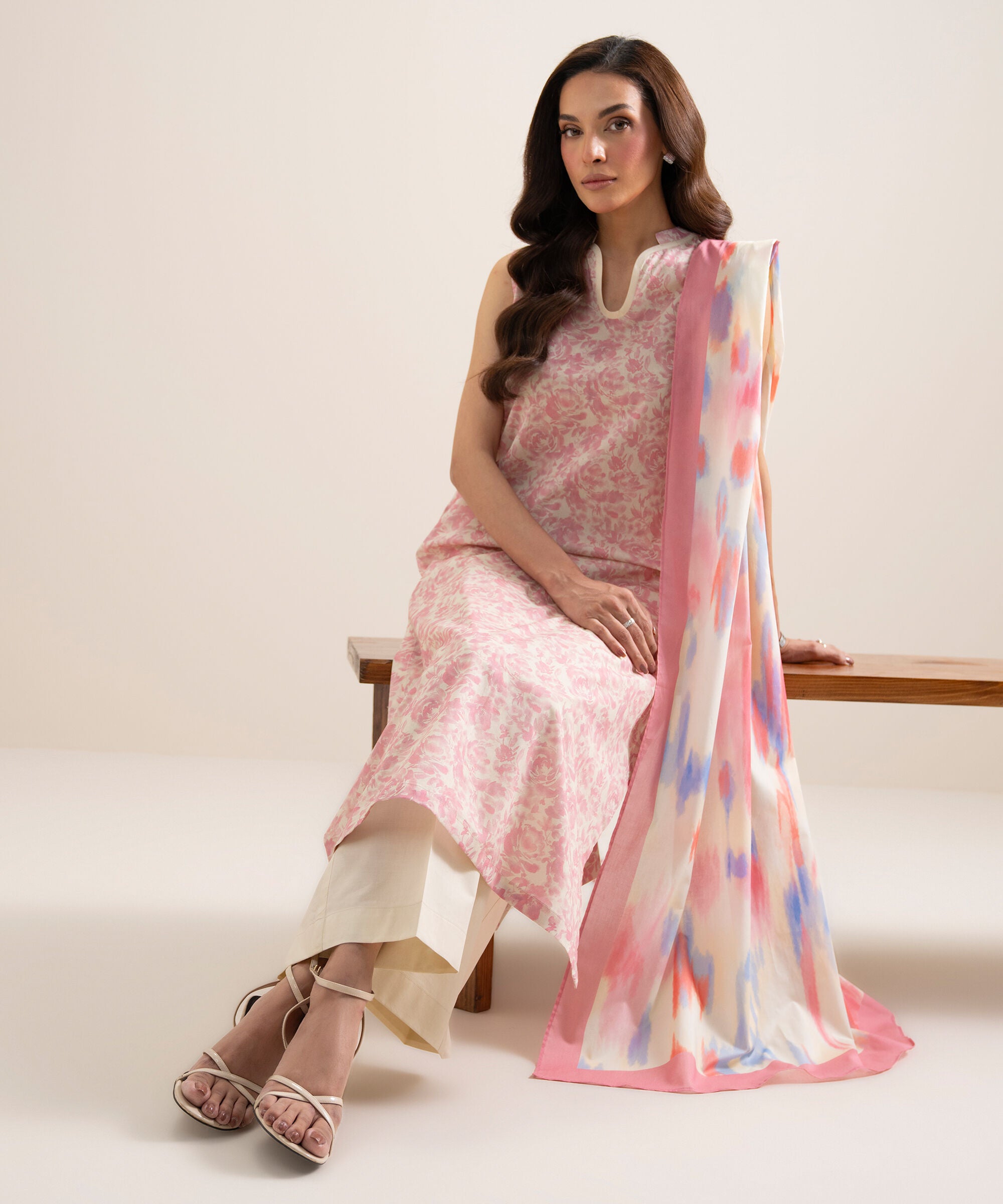 Women's Unstitched Lawn Printed Pink and White 3 Piece Suit