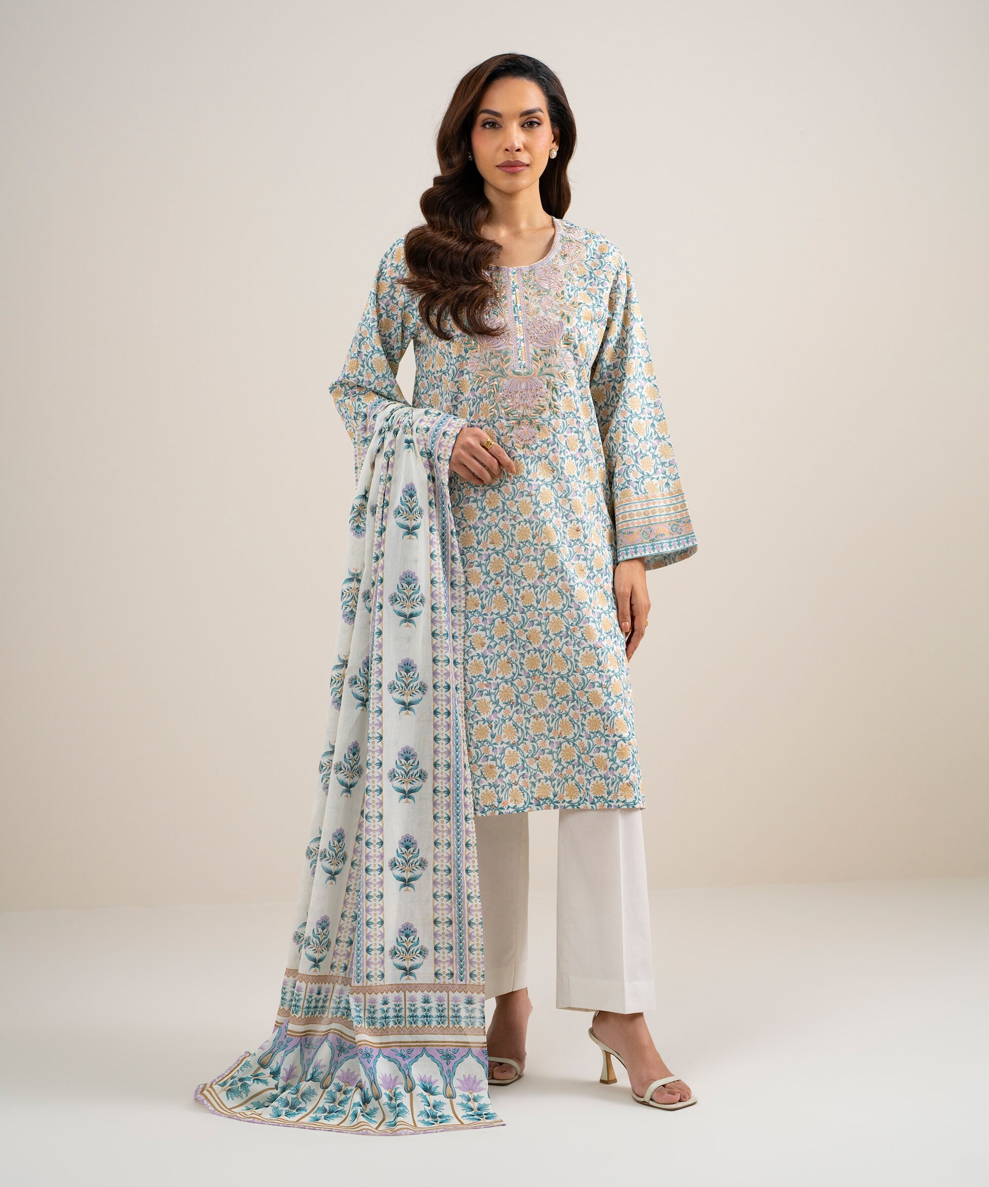 Women's Unstitched Lawn Embroidered Lime Yellow and Light Green 3 Piece Suit