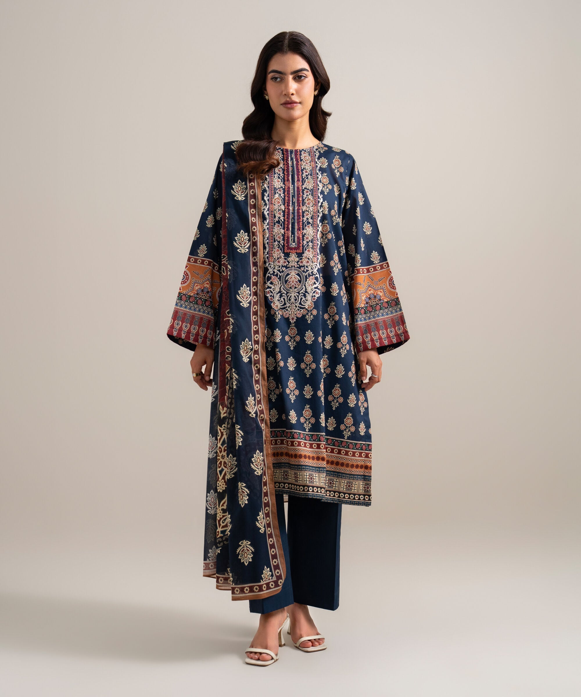 Women's Unstitched Lawn Embroidered Dark Blue 3 Piece Suit