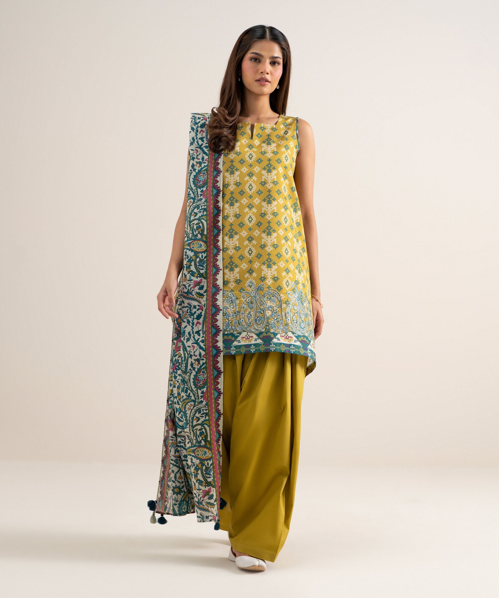 Women's Unstitched Lawn Embroidered Mustard 3 Piece Suit