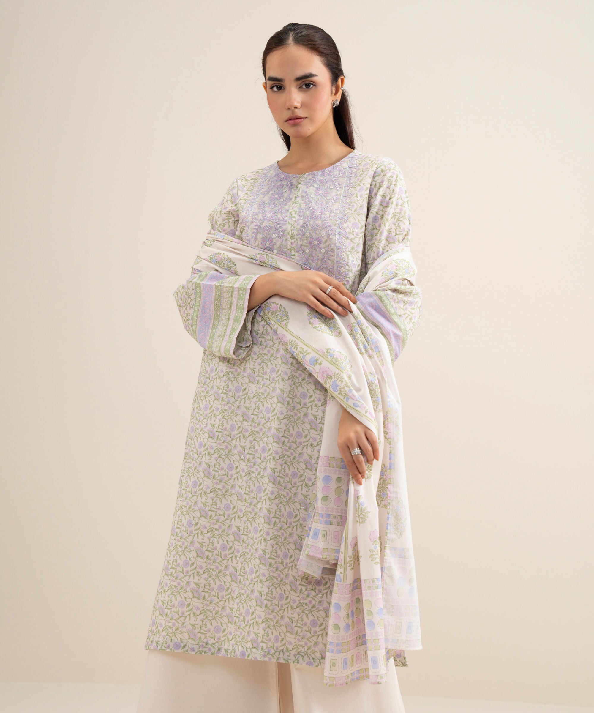 Women's Unstitched Lawn Embroidered Off White 3 Piece Suit
