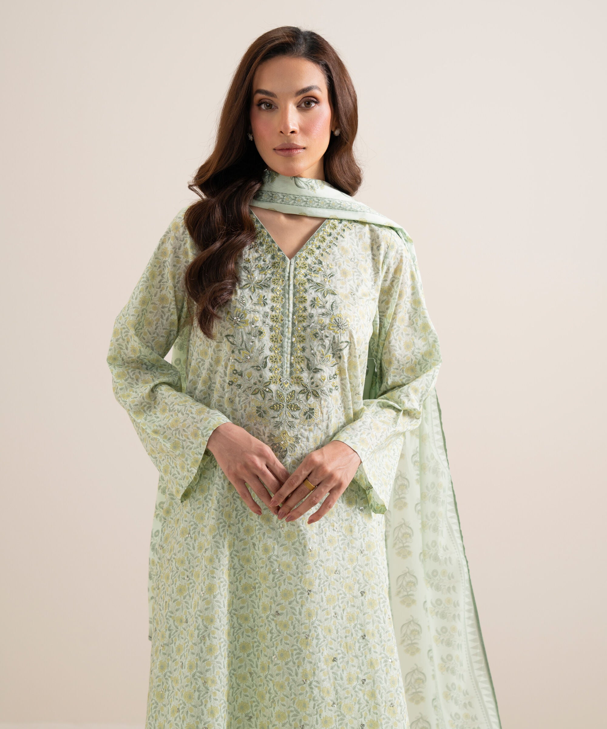 Women's Unstitched Lawn Embroidered Off White and Light Pink 3 Piece Suit
