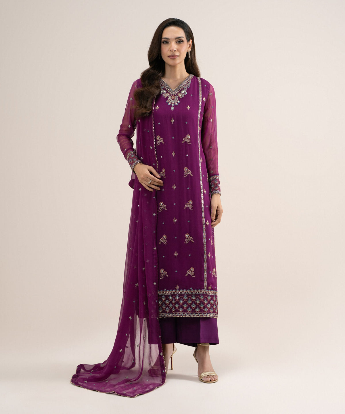 3 Piece - Embroidered Chiffon Suit U3PELXS26V73