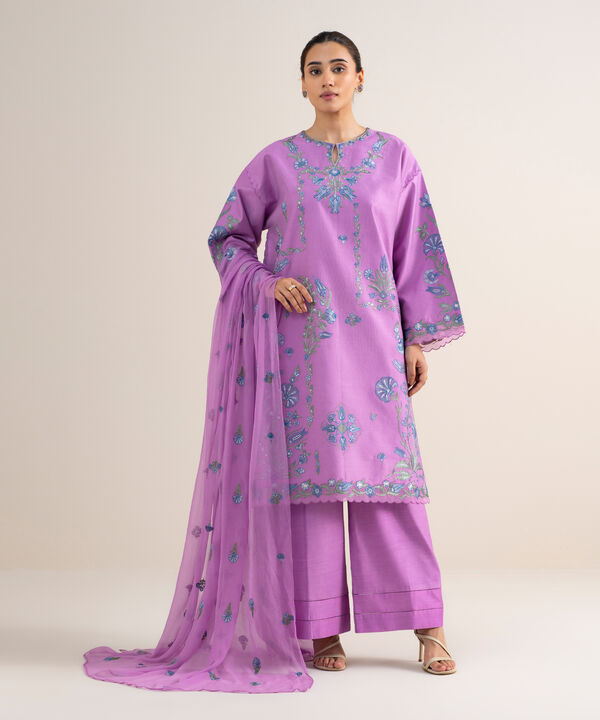 3 Piece - Embroidered Cotton Net Suit