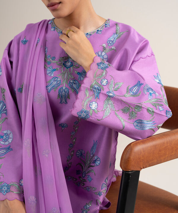 3 Piece - Embroidered Cotton Net Suit