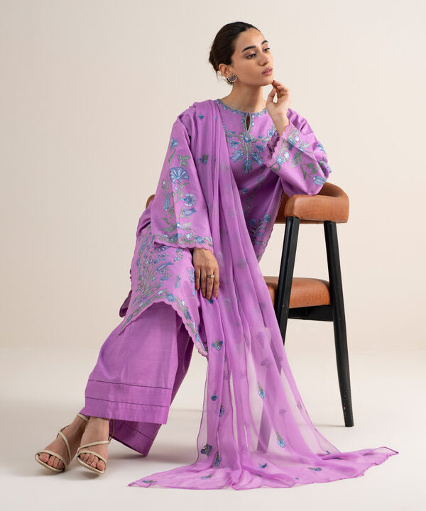 3 Piece - Embroidered Cotton Net Suit