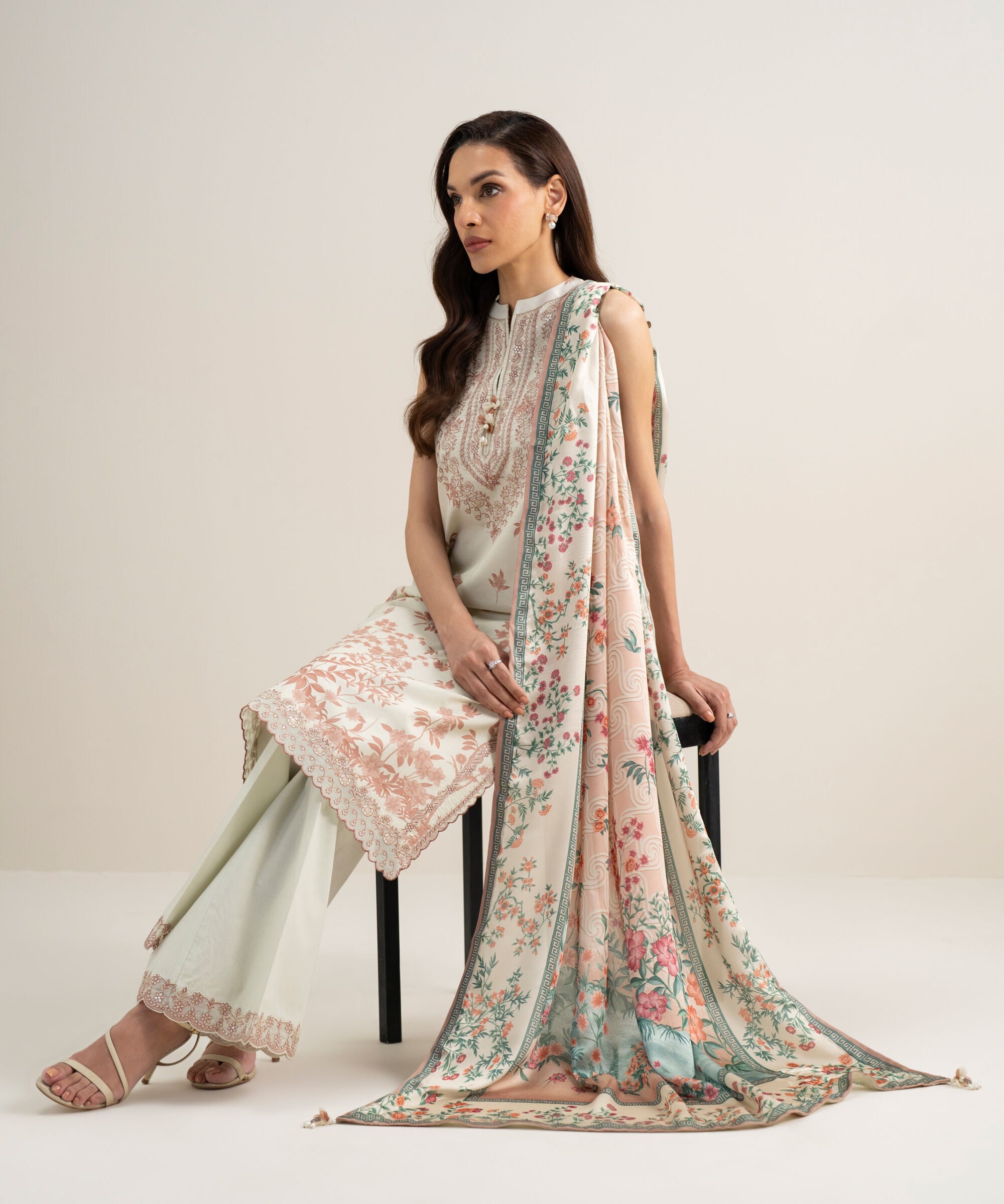 Women's Unstitched Lawn Embroidered Off White 3 Piece Suit