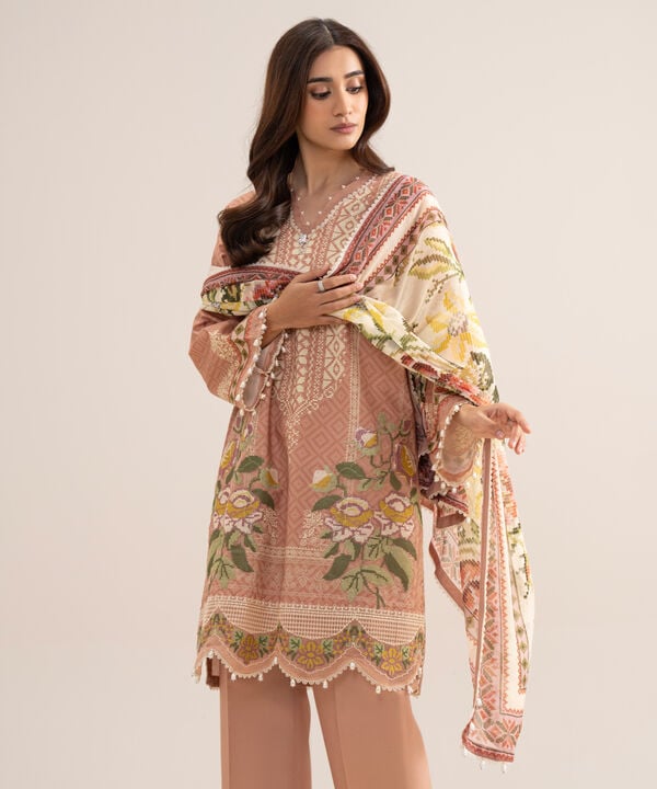 3 Piece - Embroidered Zari Cotton Suit