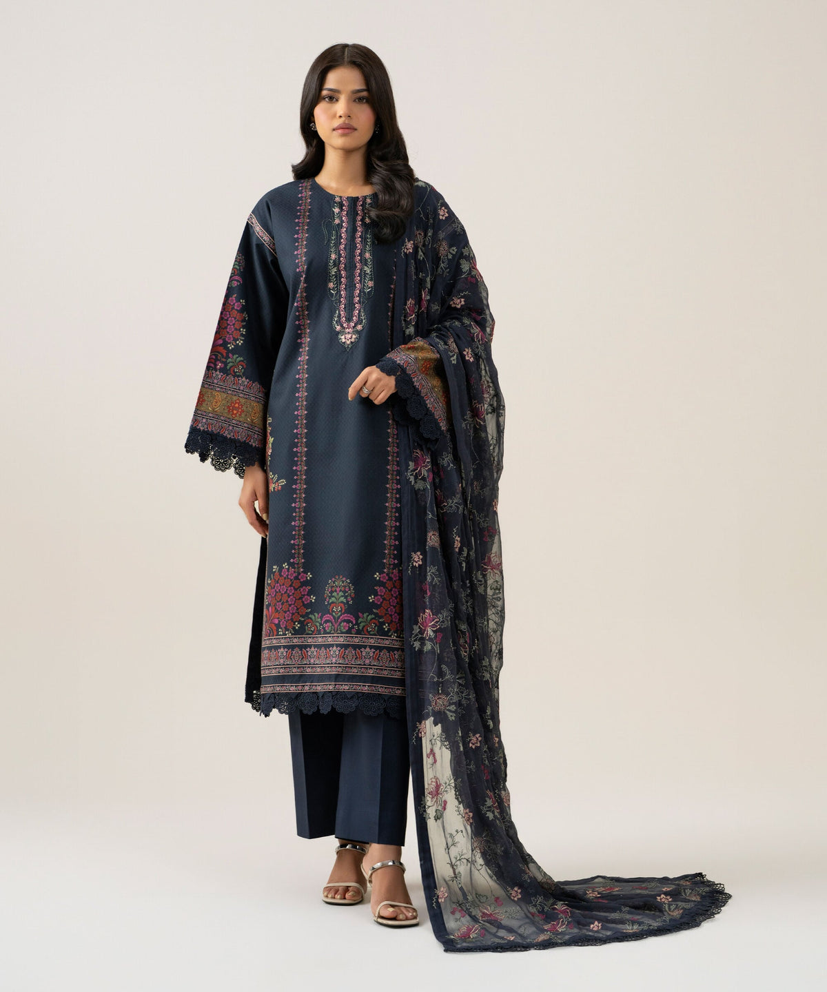 3 Piece - Embroidered Cotton Suit U3PESGS26V88
