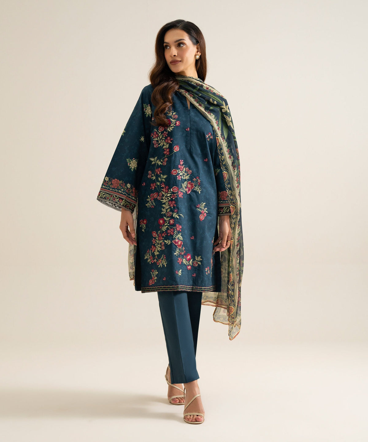 3 Piece - Embroidered Cotton Suit U3PESGS26V89