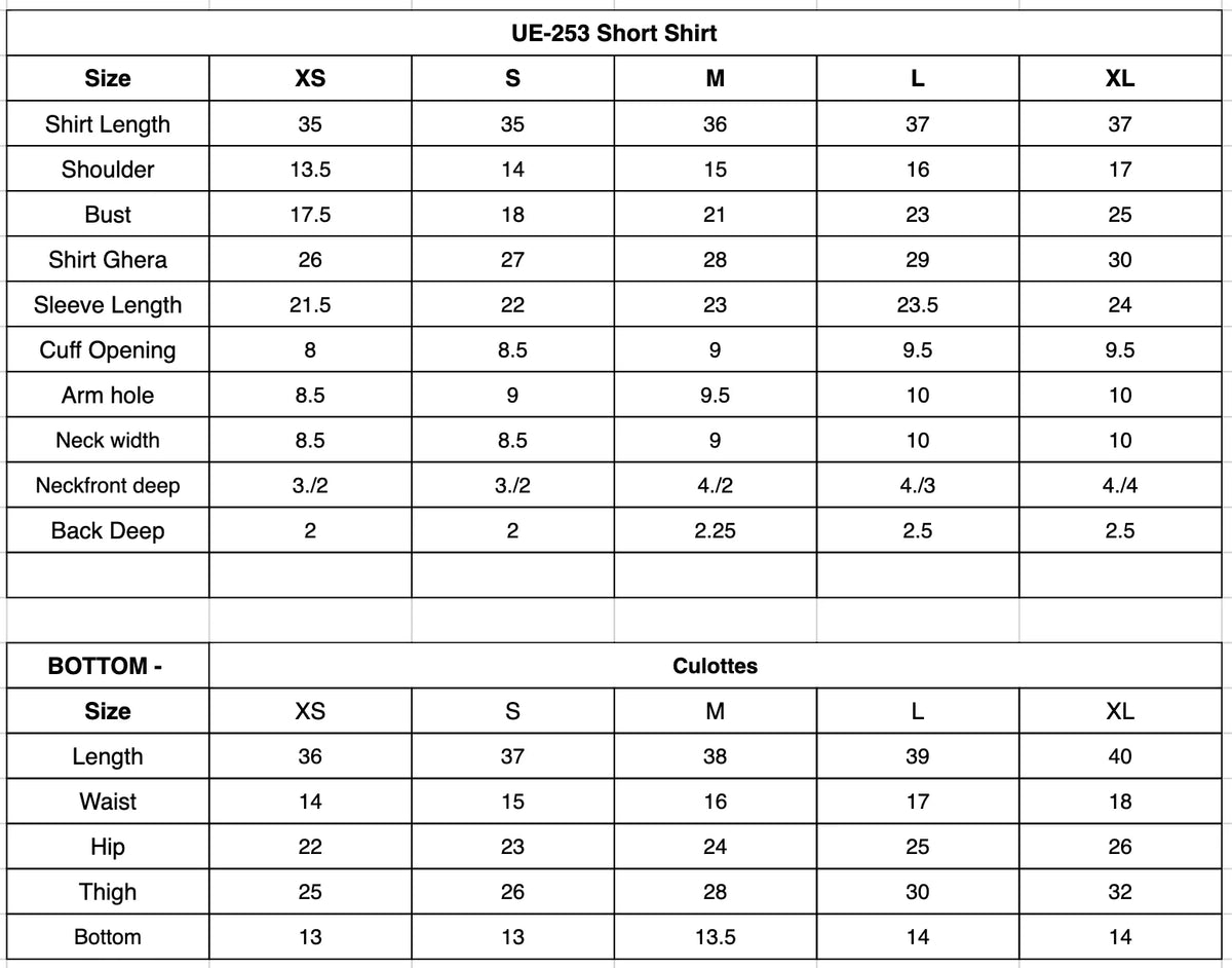 Size Chart (inches)